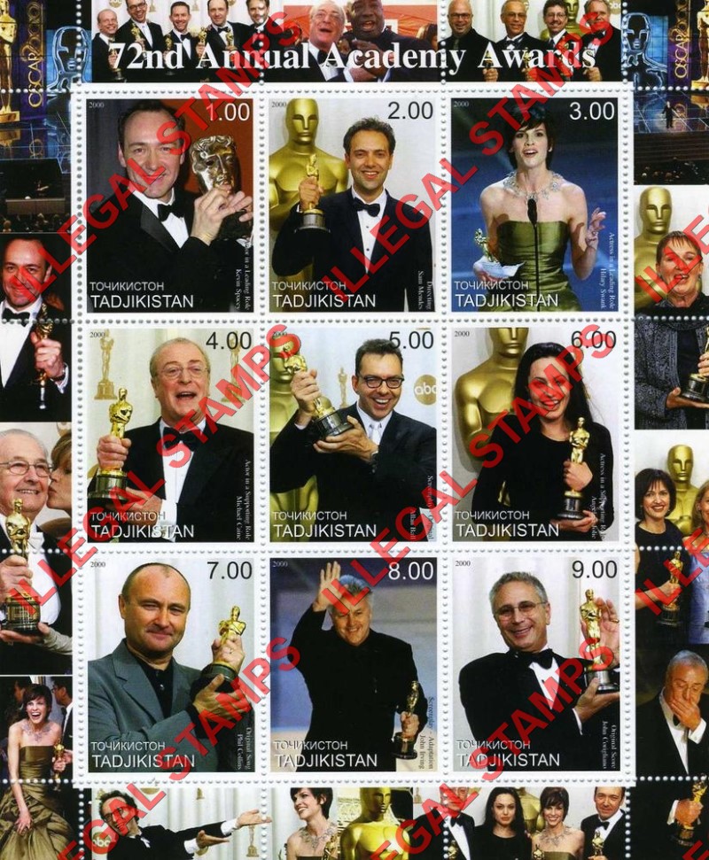 Tajikistan 2000 Academy Awards Illegal Stamp Souvenir Sheet of 9