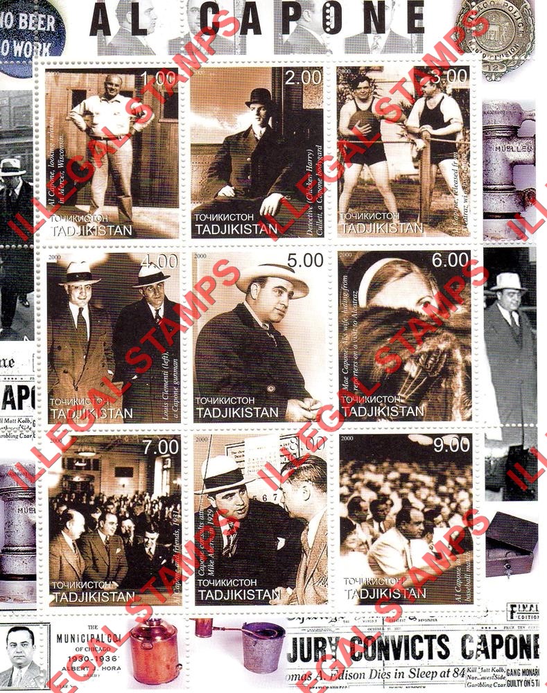 Tajikistan 2000 Al Capone Illegal Stamp Souvenir Sheet of 9