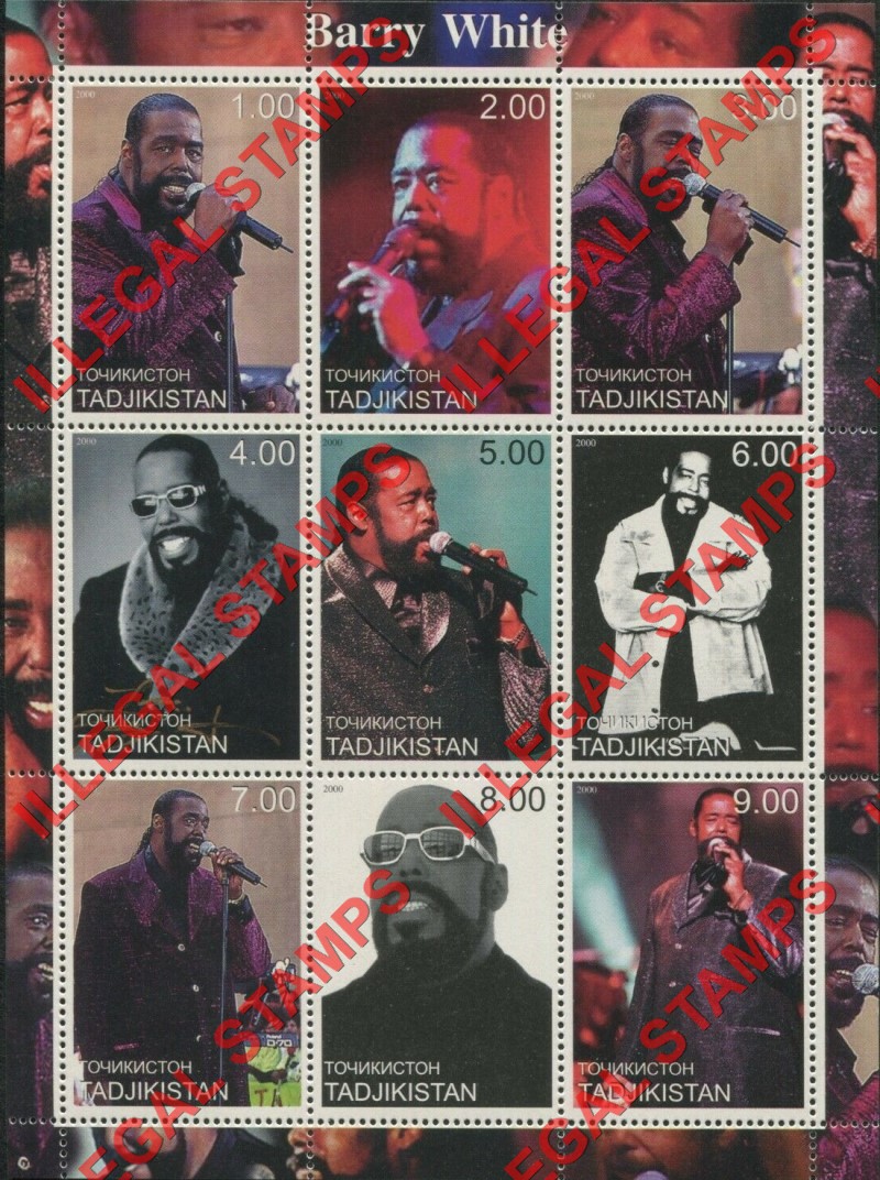 Tajikistan 2000 Barry White Illegal Stamp Souvenir Sheet of 9