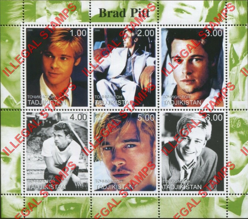 Tajikistan 2000 Brad Pitt Illegal Stamp Souvenir Sheet of 6
