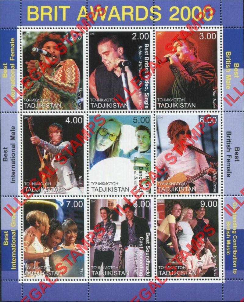Tajikistan 2000 Brit Awards Illegal Stamp Souvenir Sheet of 9