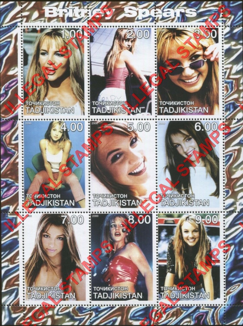Tajikistan 2000 Britney Spears Illegal Stamp Souvenir Sheet of 9