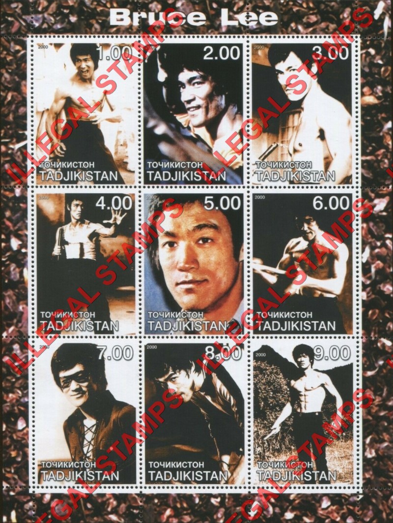 Tajikistan 2000 Bruce Lee Illegal Stamp Souvenir Sheet of 9 (Sheet 1)