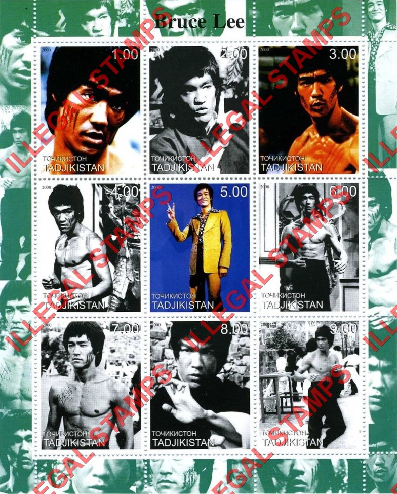 Tajikistan 2000 Bruce Lee Illegal Stamp Souvenir Sheet of 9 (Sheet 2)