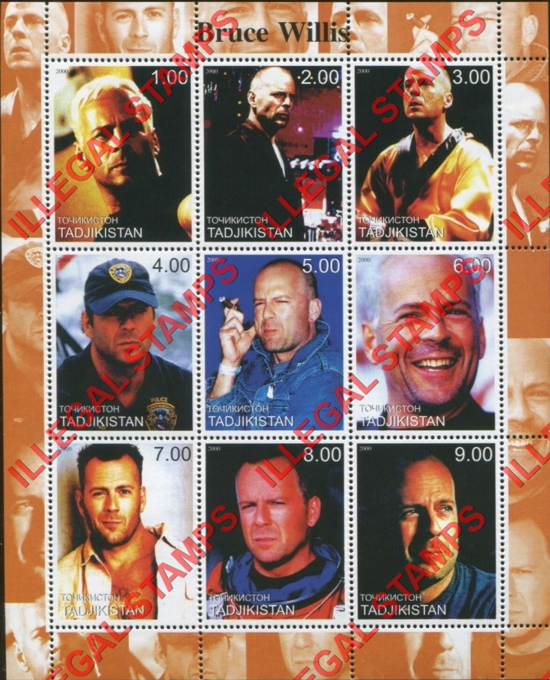 Tajikistan 2000 Bruce Willis Illegal Stamp Souvenir Sheet of 9