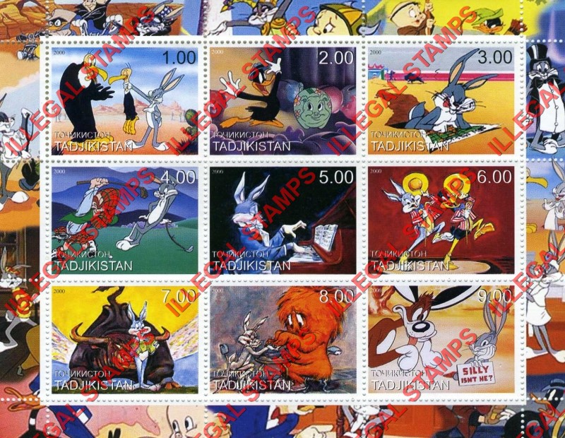 Tajikistan 2000 Bugs Bunny Illegal Stamp Souvenir Sheet of 9
