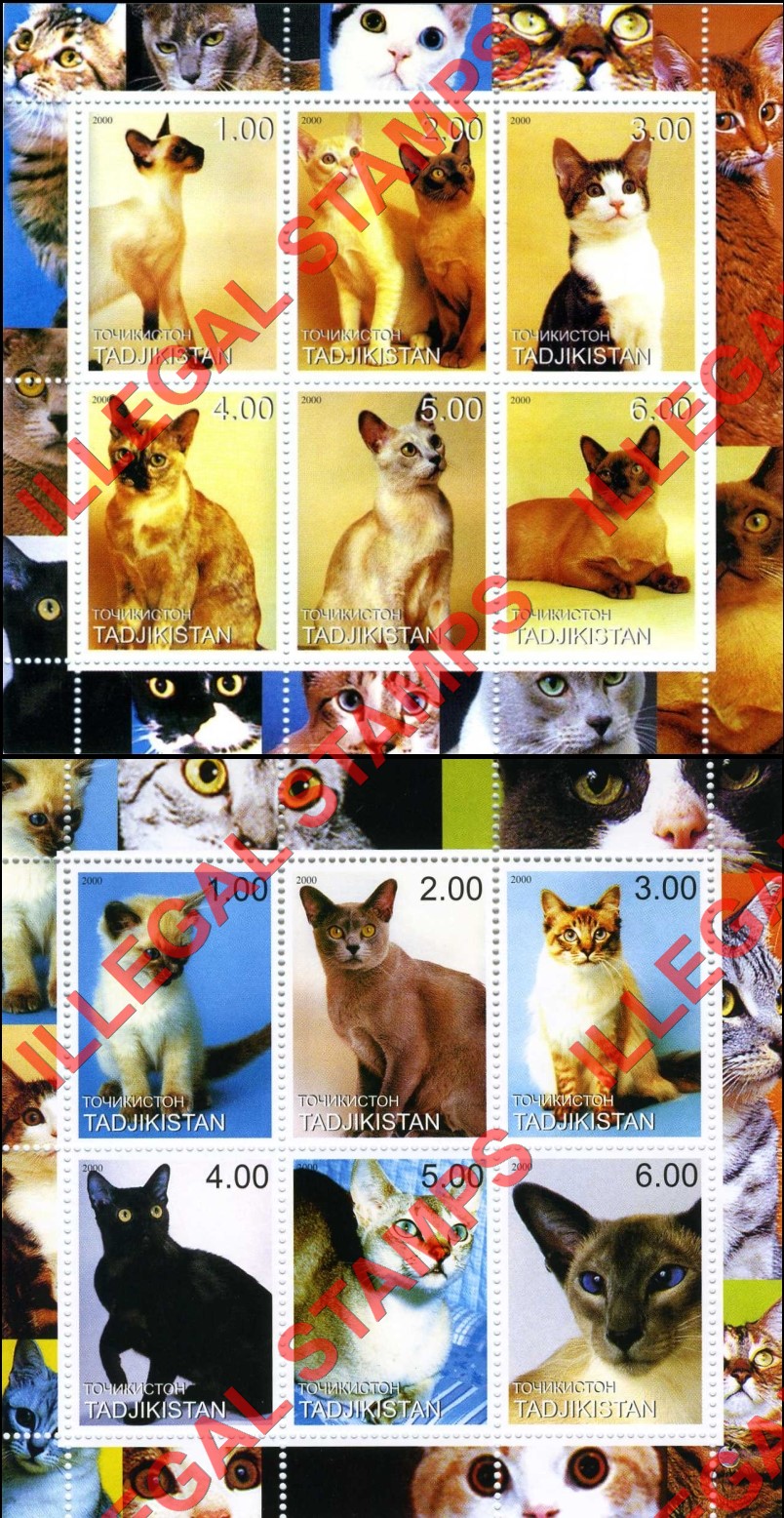 Tajikistan 2000 Cats Illegal Stamp Souvenir Sheets of 6 (Part 1)