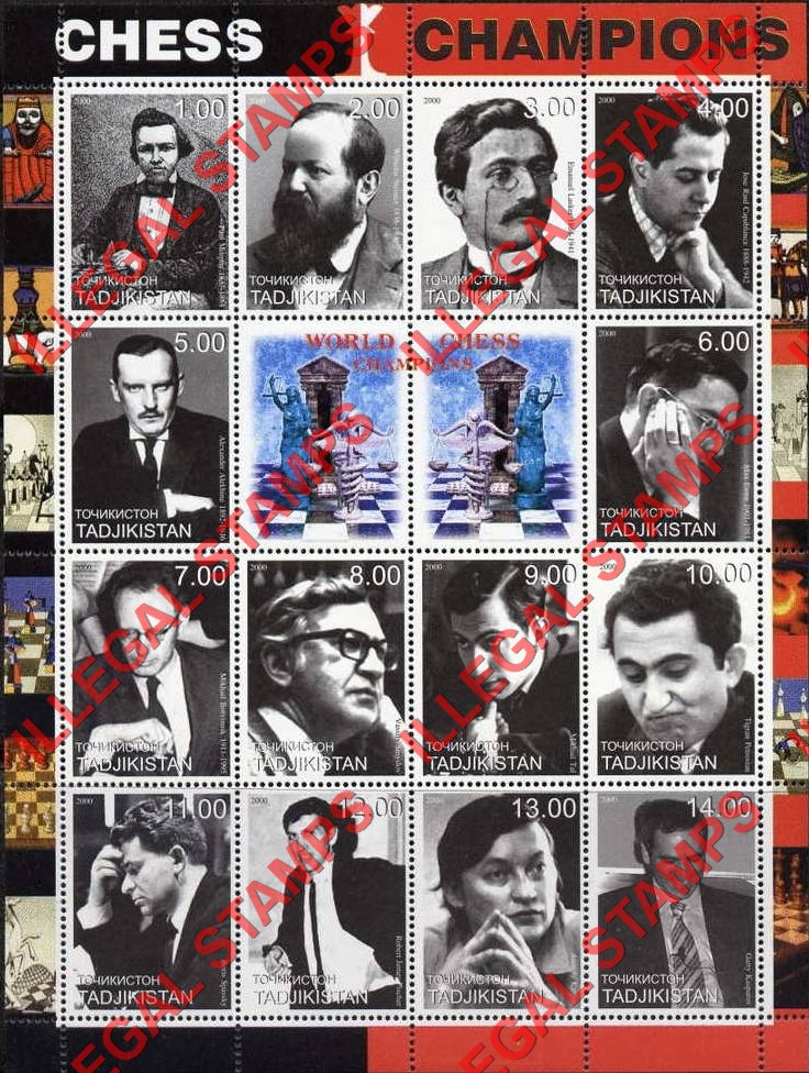 Tajikistan 2000 Chess Champions Illegal Stamp Souvenir Sheet of 9