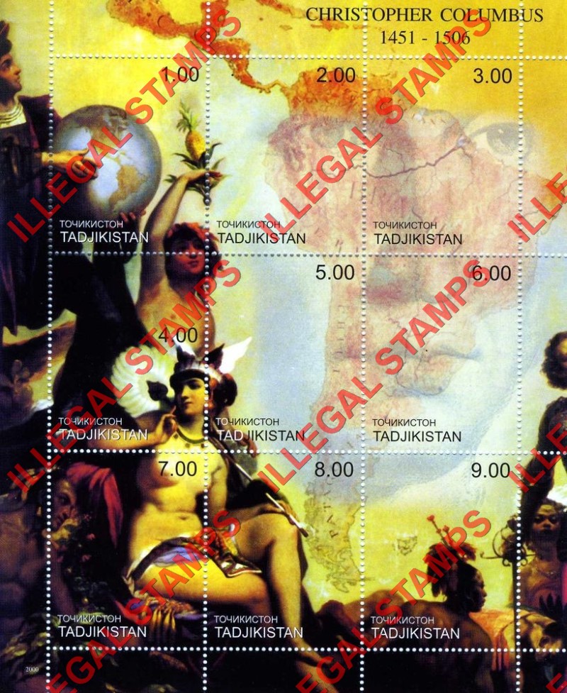 Tajikistan 2000 Christopher Columbus Illegal Stamp Souvenir Sheet of 9