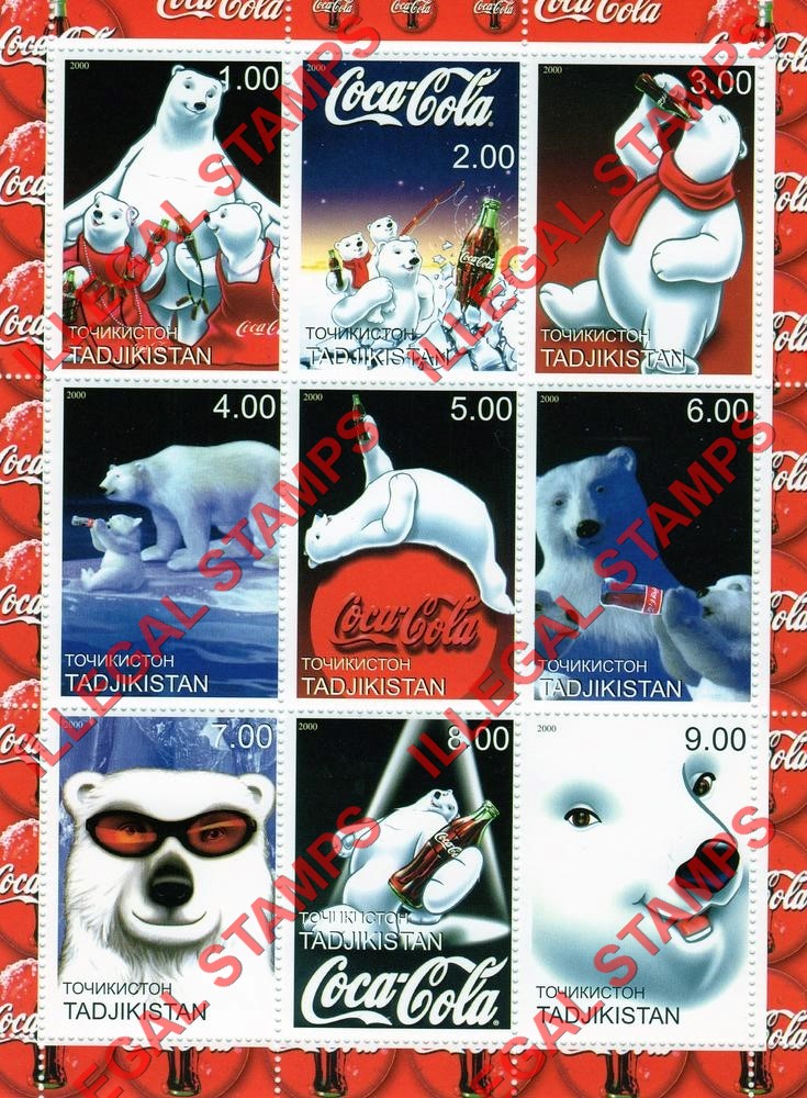 Tajikistan 2000 Coca-Cola Polar Bear Illegal Stamp Souvenir Sheet of 9
