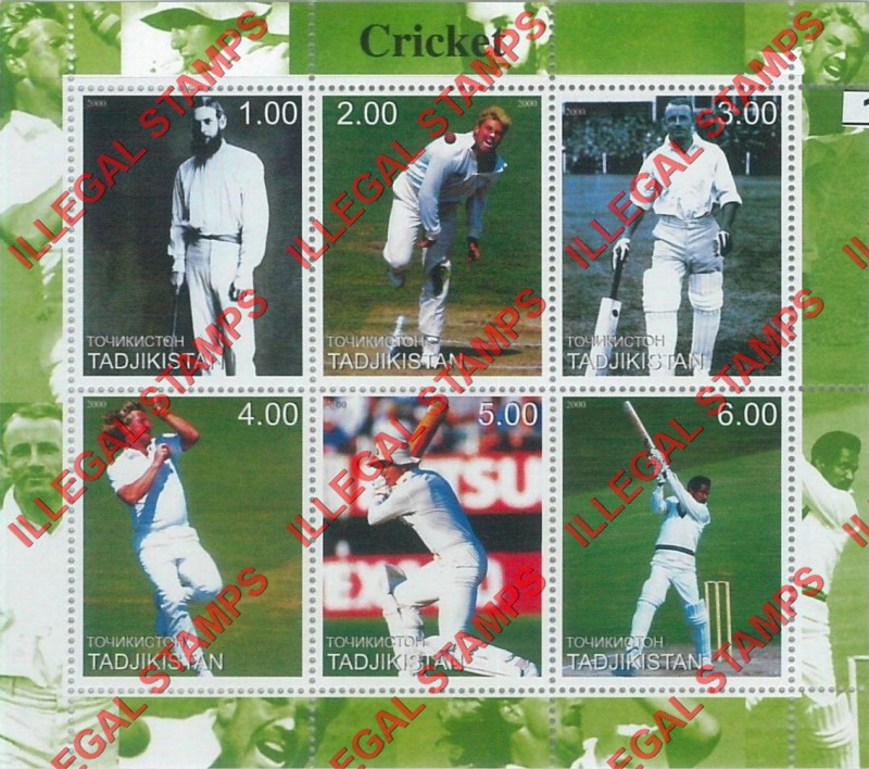 Tajikistan 2000 Cricket Players Illegal Stamp Souvenir Sheet of 6