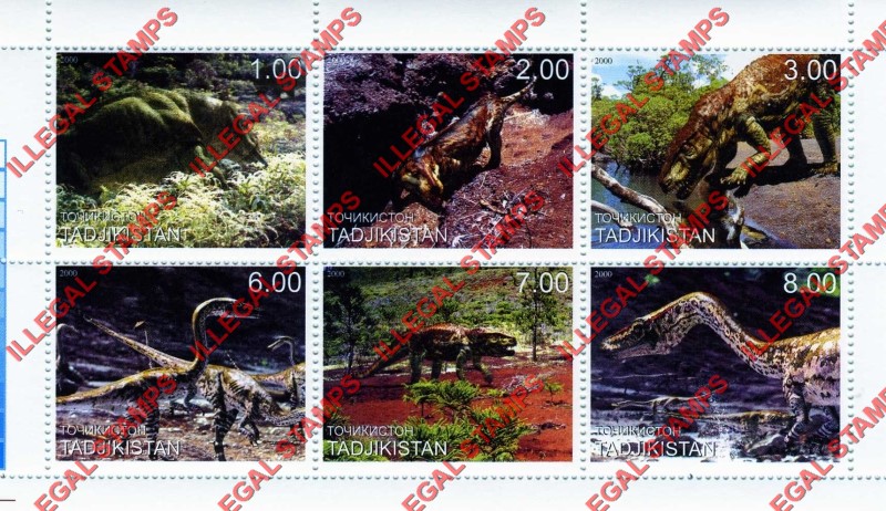 Tajikistan 2000 Dinosaurs Illegal Stamp Souvenir Sheet of 6