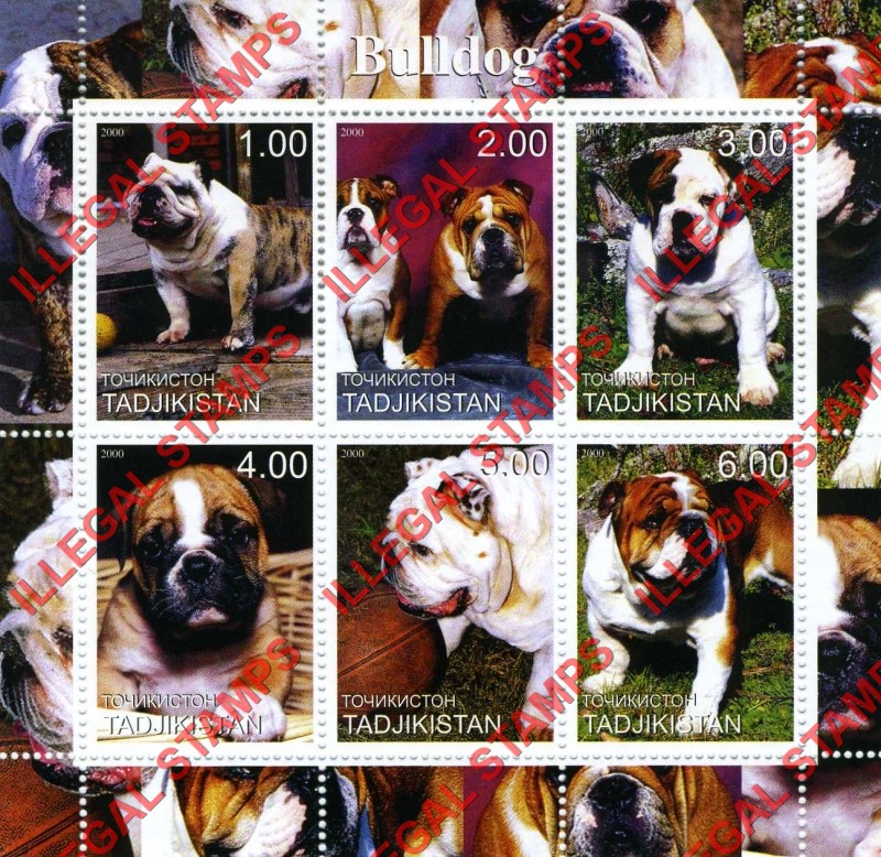 Tajikistan 2000 Dogs Bulldog Illegal Stamp Souvenir Sheet of 6