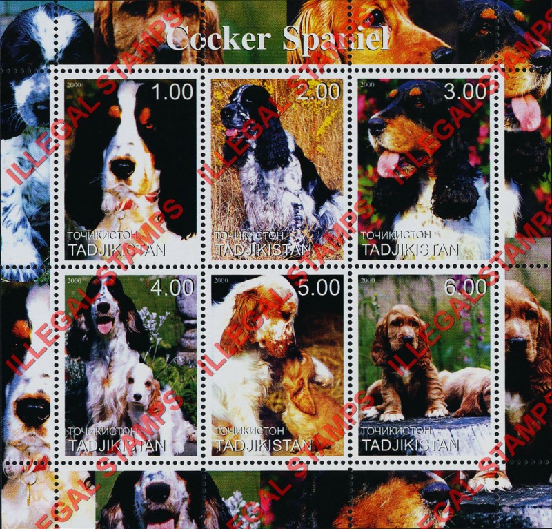 Tajikistan 2000 Dogs Cocker Spaniel Illegal Stamp Souvenir Sheet of 6