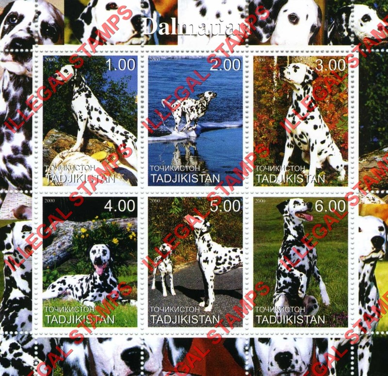 Tajikistan 2000 Dogs Dalmatian Illegal Stamp Souvenir Sheet of 6