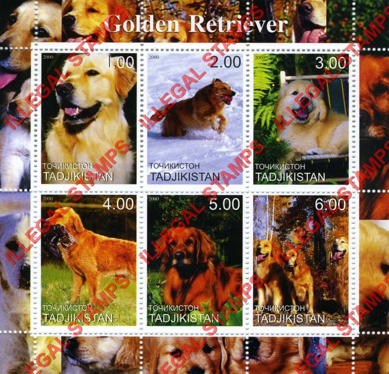 Tajikistan 2000 Dogs Golden Retriever Illegal Stamp Souvenir Sheet of 6