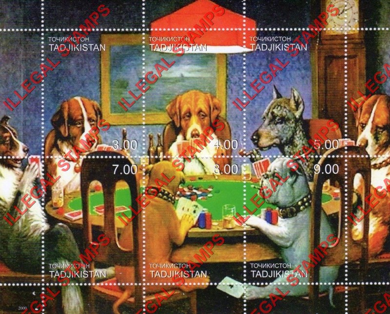 Tajikistan 2000 Dogs Playing Poker Illegal Stamp Souvenir Sheet of 6