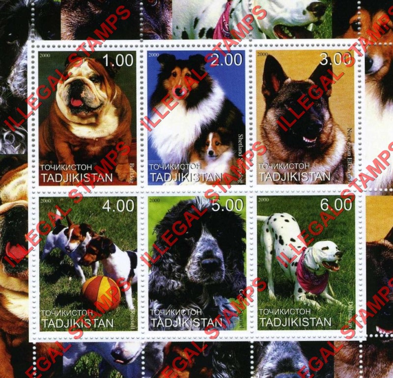 Tajikistan 2000 Dogs Illegal Stamp Souvenir Sheet of 6