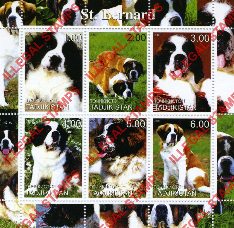 Tajikistan 2000 Dogs St. Bernard Illegal Stamp Souvenir Sheet of 6