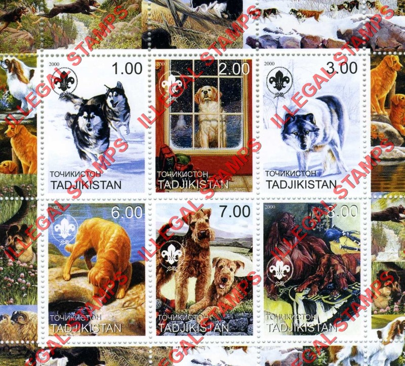 Tajikistan 2000 Dogs with Scouts Logo Illegal Stamp Souvenir Sheet of 6