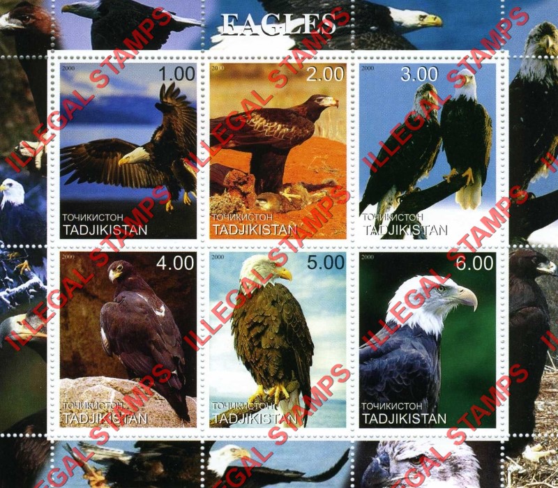 Tajikistan 2000 Eagles Illegal Stamp Souvenir Sheet of 6