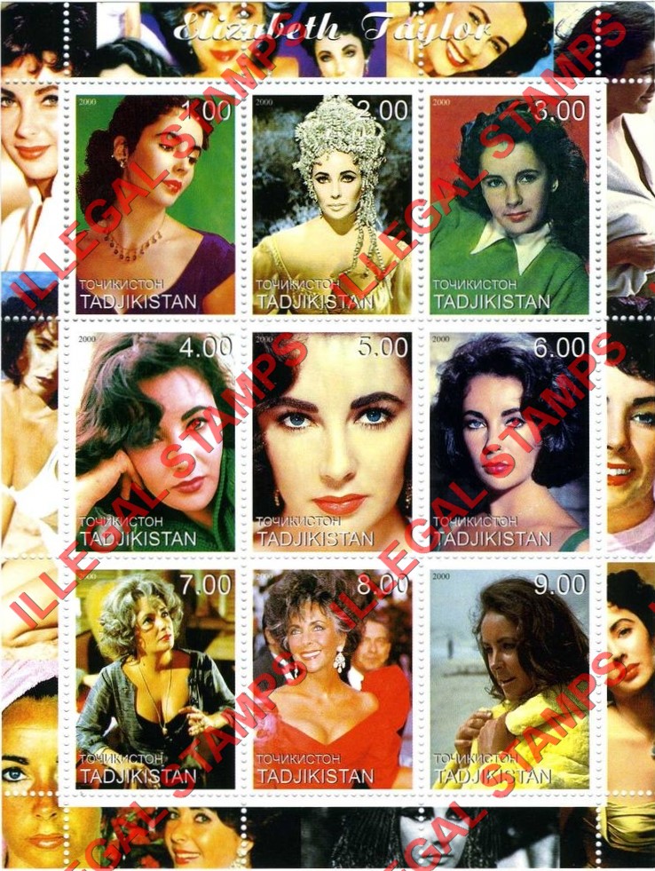 Tajikistan 2000 Elizabeth Taylor Illegal Stamp Souvenir Sheet of 9