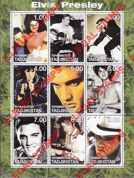 Tajikistan 2000 Elvis Presley Illegal Stamp Souvenir Sheet of 9