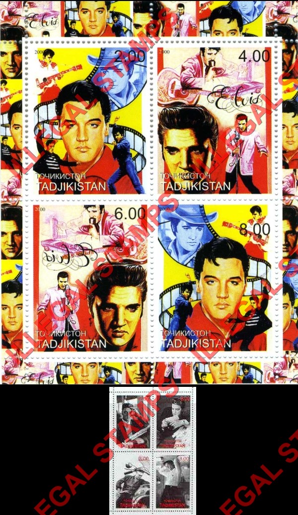 Tajikistan 2000 Elvis Presley Illegal Stamp Souvenir Sheets of 4