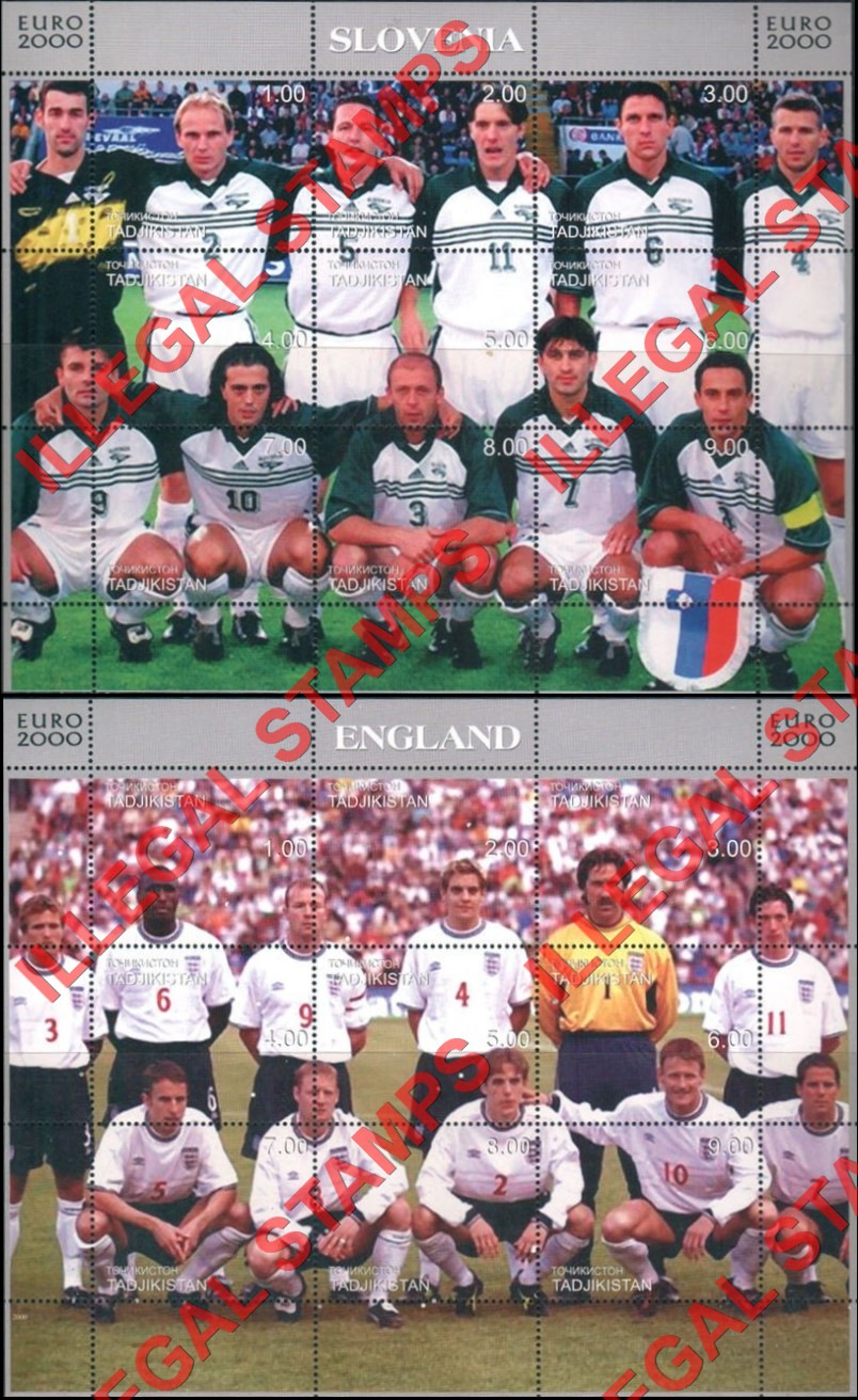 Tajikistan 2000 EURO 2000 European Football Championship Teams Soccer Illegal Stamp Souvenir Sheets of 6 (Part 1)