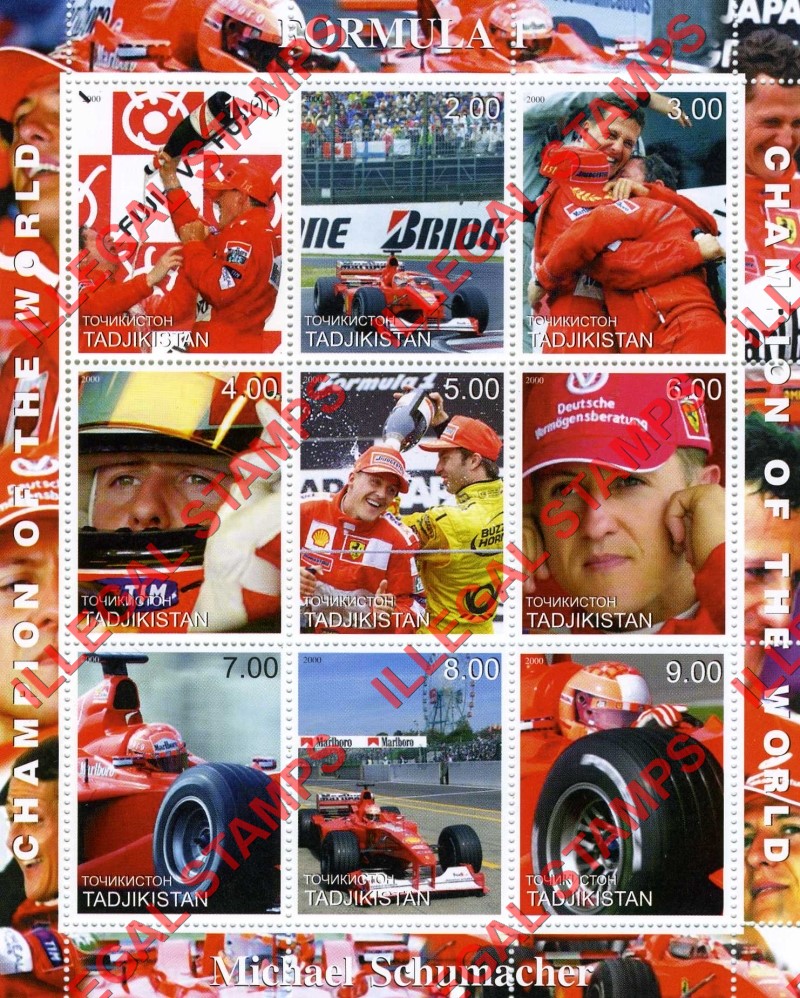 Tajikistan 2000 Formula I Michael Schumacher Illegal Stamp Souvenir Sheet of 9