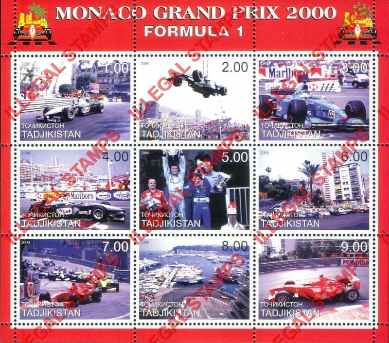 Tajikistan 2000 Formula I Monaco Grand Prix Illegal Stamp Souvenir Sheet of 9
