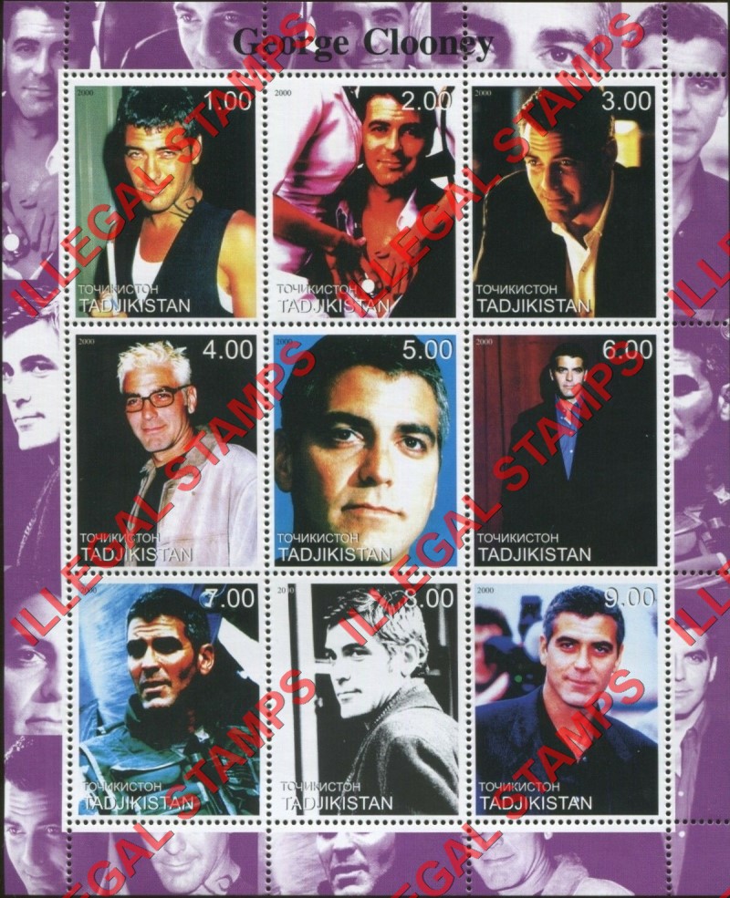 Tajikistan 2000 George Clooney Illegal Stamp Souvenir Sheet of 9
