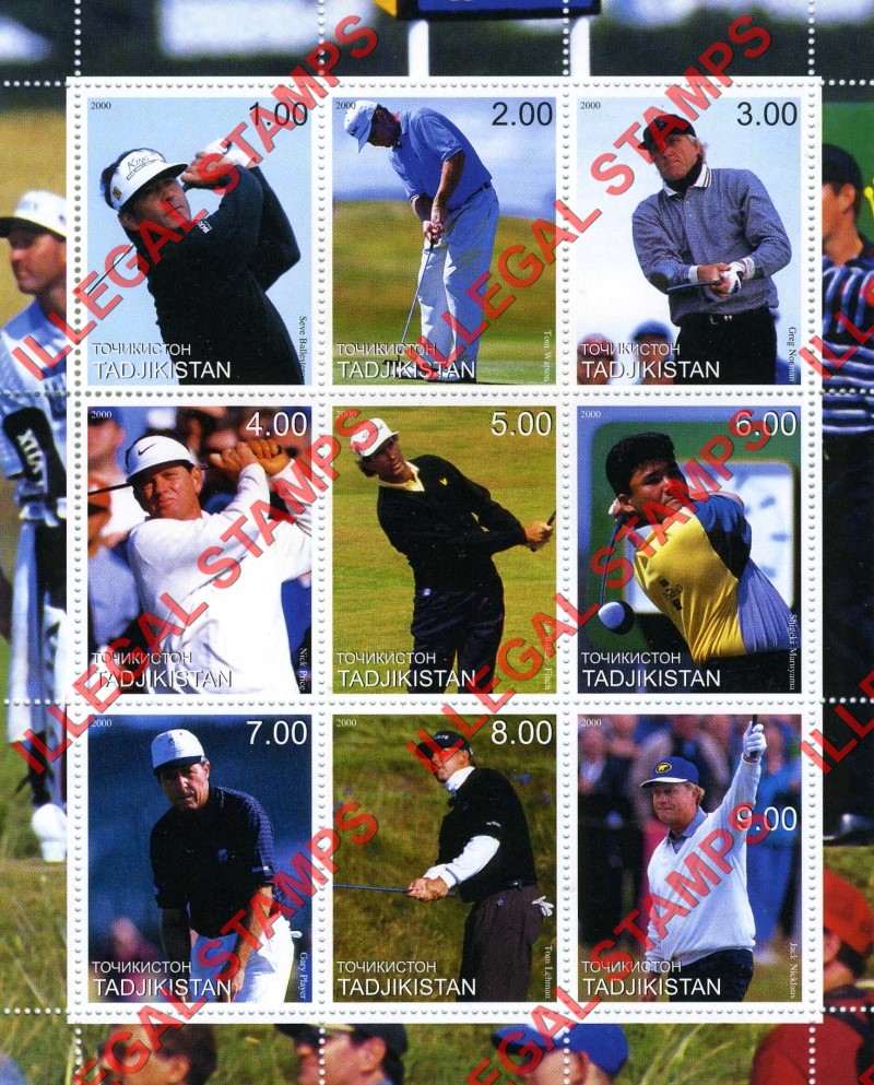 Tajikistan 2000 Golf Stars Illegal Stamp Souvenir Sheet of 9
