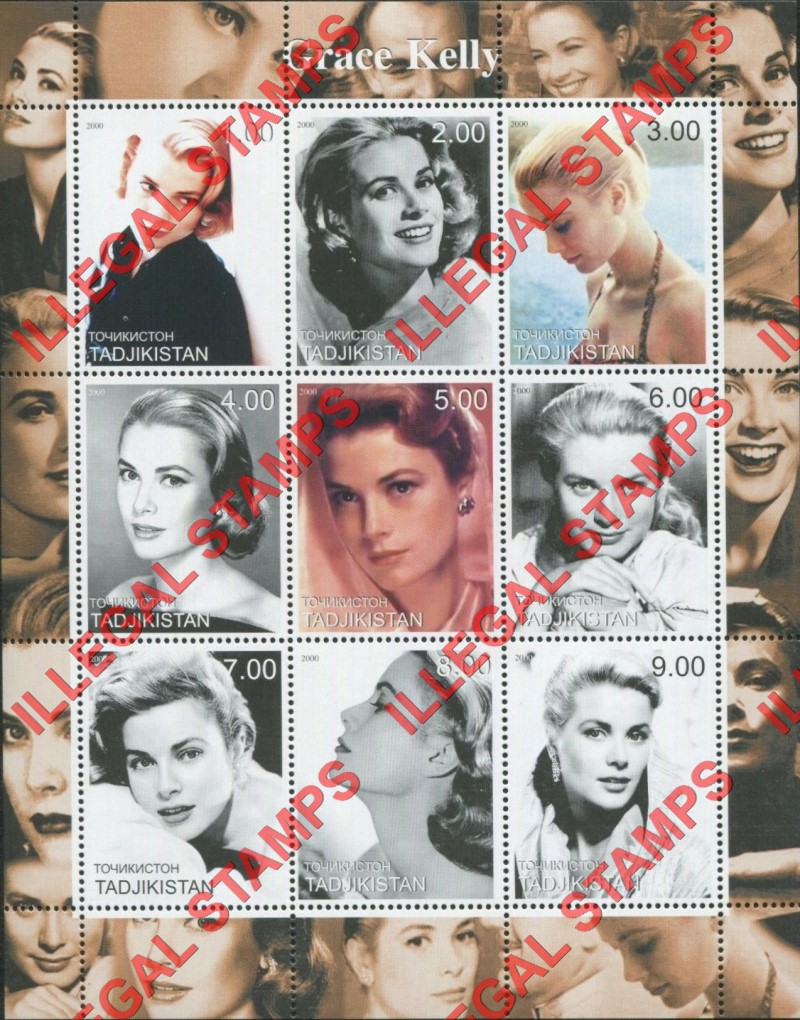 Tajikistan 2000 Grace Kelly Illegal Stamp Souvenir Sheet of 9