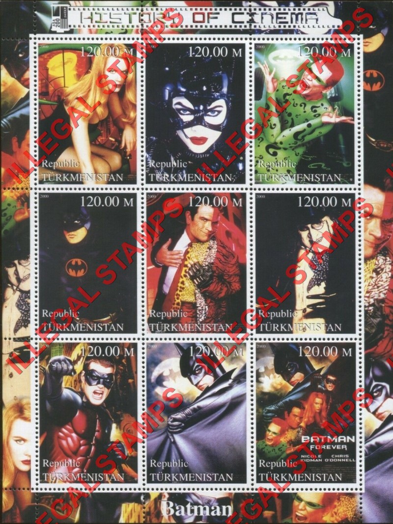 Tajikistan 2000 History of Cinema Batman Illegal Stamp Souvenir Sheet of 9