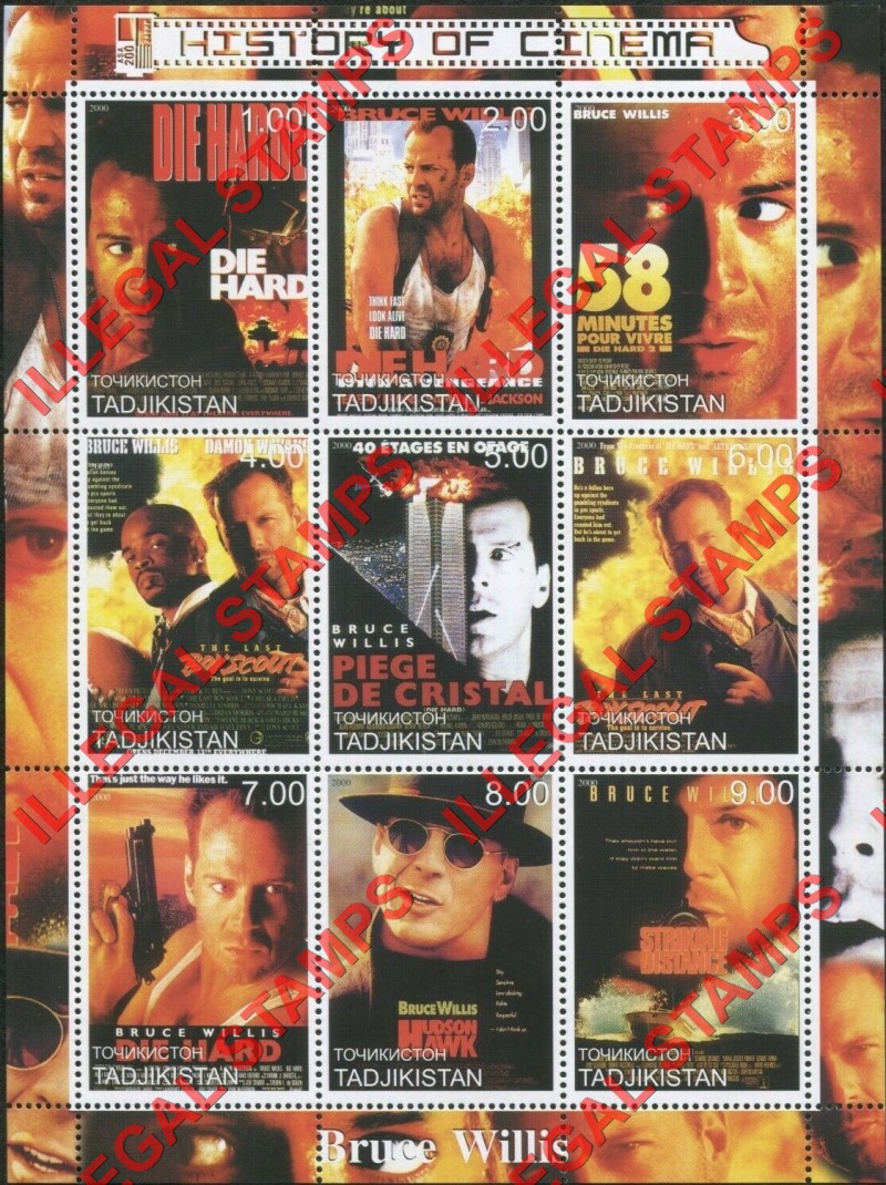 Tajikistan 2000 History of Cinema Bruce Willis Illegal Stamp Souvenir Sheet of 9