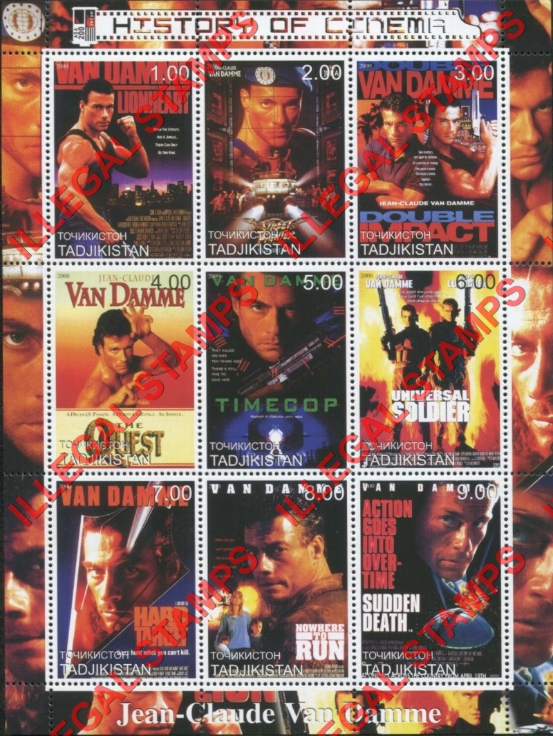 Tajikistan 2000 History of Cinema Jean Claude Van Damme Illegal Stamp Souvenir Sheet of 9