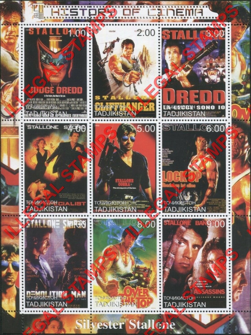 Tajikistan 2000 History of Cinema Sylvester Stallone Illegal Stamp Souvenir Sheet of 9