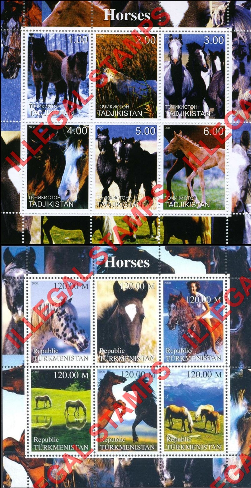 Tajikistan 2000 Horses Illegal Stamp Souvenir Sheets of 6