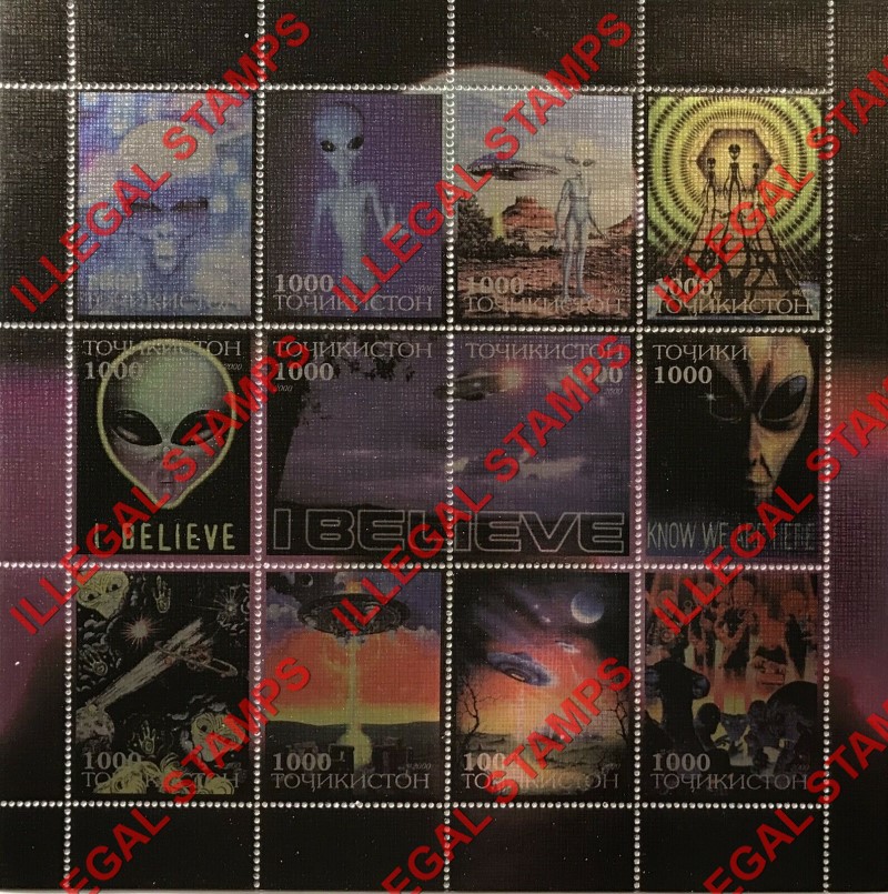 Tajikistan 2000 I Believe Aliens Sci-fi Illegal Stamp Souvenir Sheet of 12 on Metallic Foil
