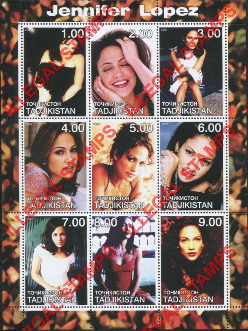 Tajikistan 2000 Jennifer Lopez Illegal Stamp Souvenir Sheet of 9