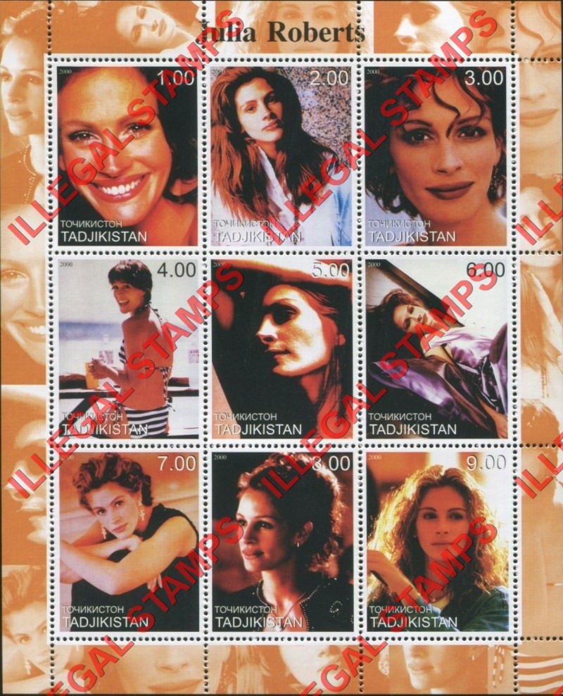Tajikistan 2000 Julia Roberts Illegal Stamp Souvenir Sheet of 9