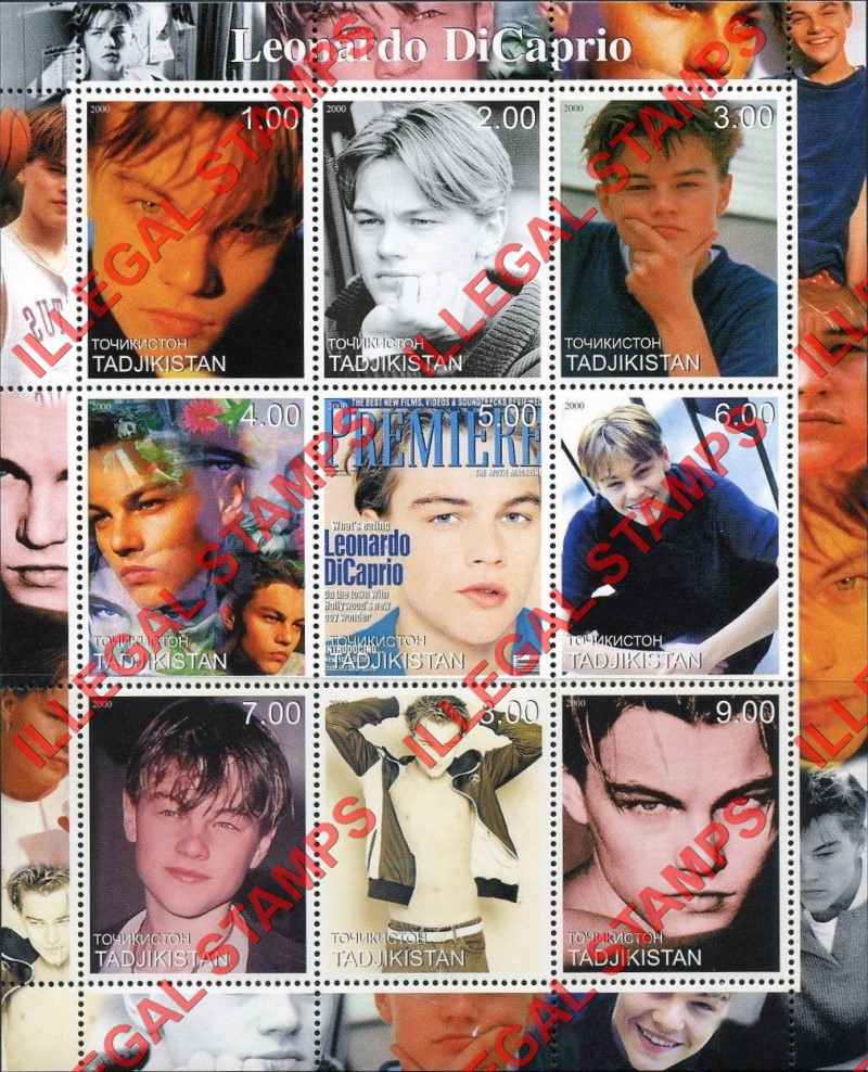 Tajikistan 2000 Leonardo DiCaprio Illegal Stamp Souvenir Sheet of 9