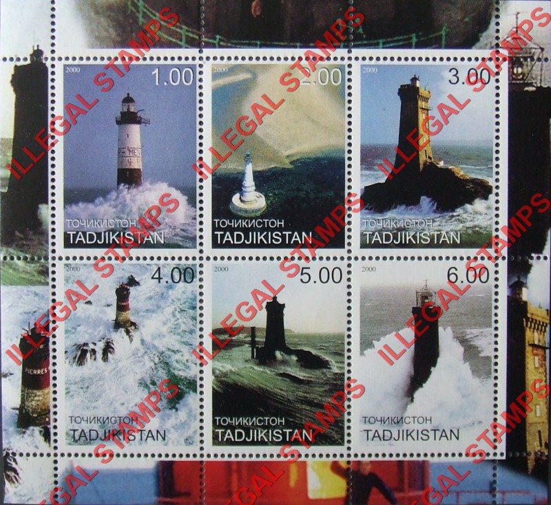 Tajikistan 2000 Lighthouses Illegal Stamp Souvenir Sheet of 6