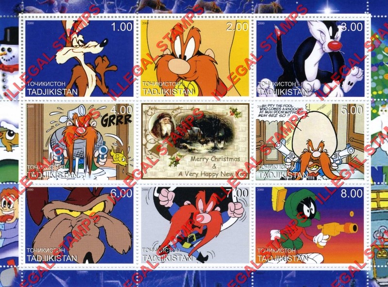 Tajikistan 2000 Looney Tunes Cartoons Christmas Illegal Stamp Souvenir Sheet of 9