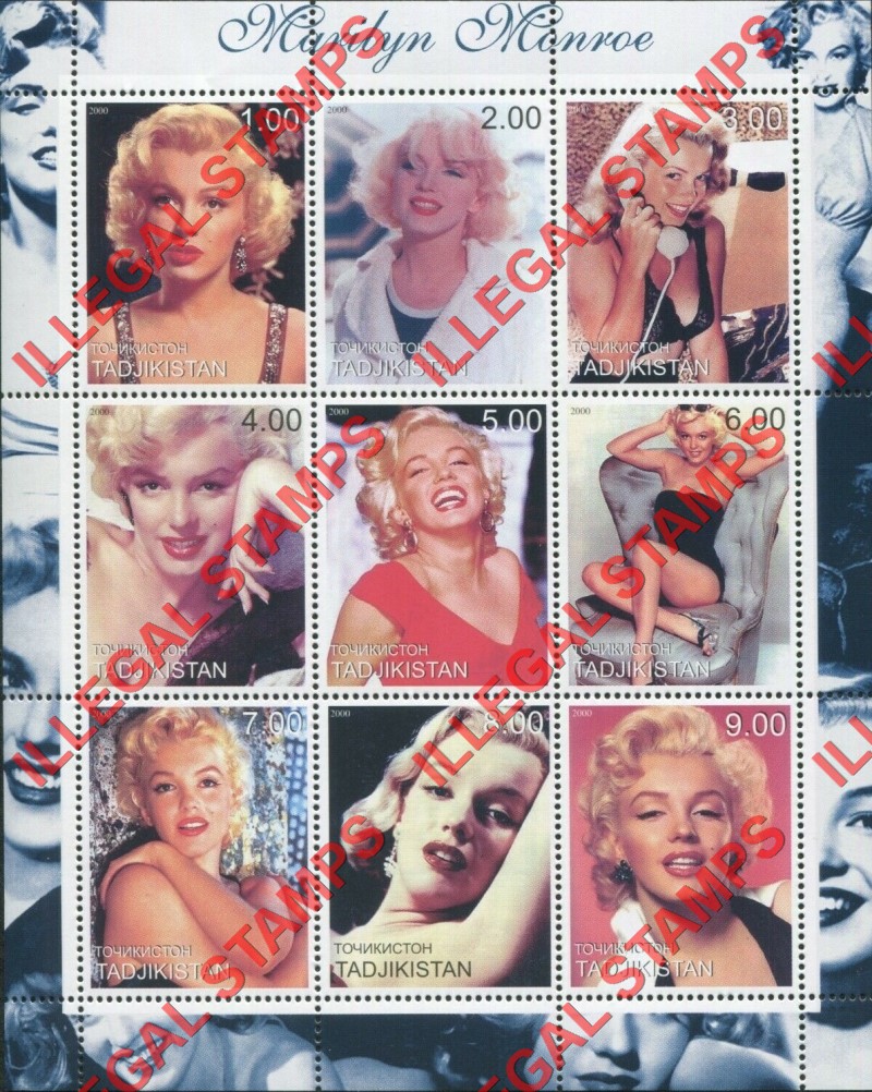Tajikistan 2000 Marilyn Monroe Illegal Stamp Souvenir Sheets of 9 (Sheet 1)