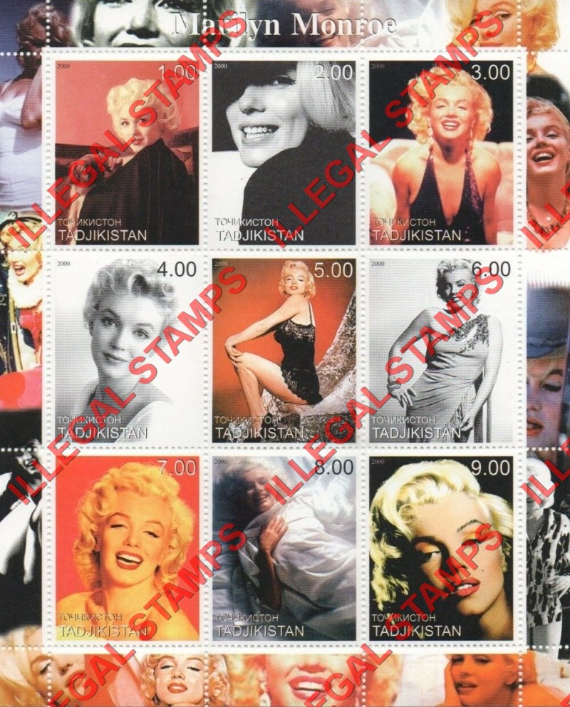 Tajikistan 2000 Marilyn Monroe Illegal Stamp Souvenir Sheets of 9 (Sheet 2)