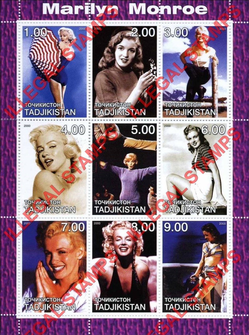 Tajikistan 2000 Marilyn Monroe Illegal Stamp Souvenir Sheets of 9 (Sheet 3)