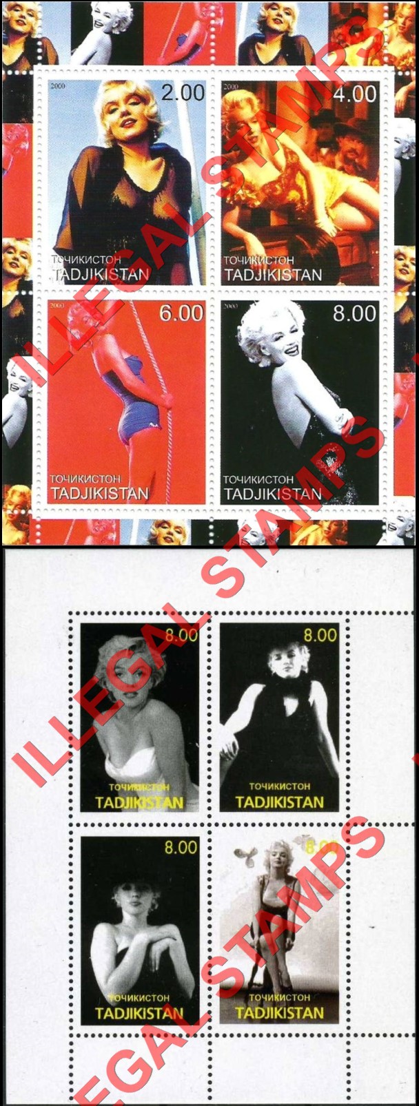 Tajikistan 2000 Marilyn Monroe Illegal Stamp Souvenir Sheets of 4