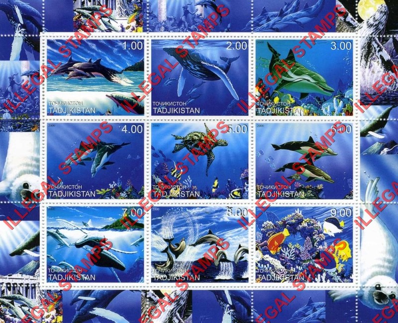 Tajikistan 2000 Marine Life Whales Dolphins Illegal Stamp Souvenir Sheet of 9